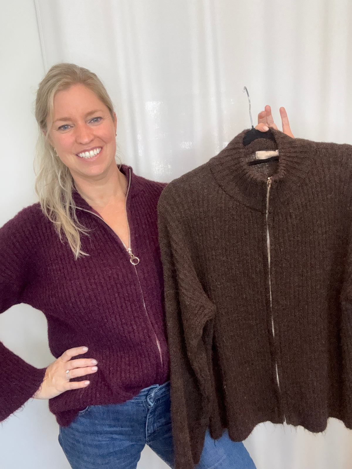 Zip - up cardigan bruin of aubergine