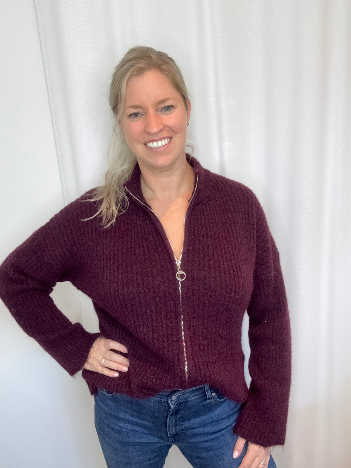 Zip - up cardigan bruin of aubergine
