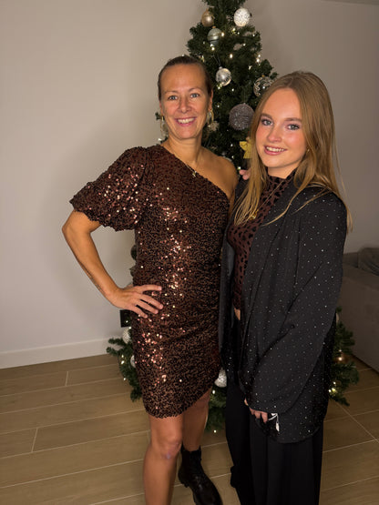 Half shoulder glitter kleed bronze