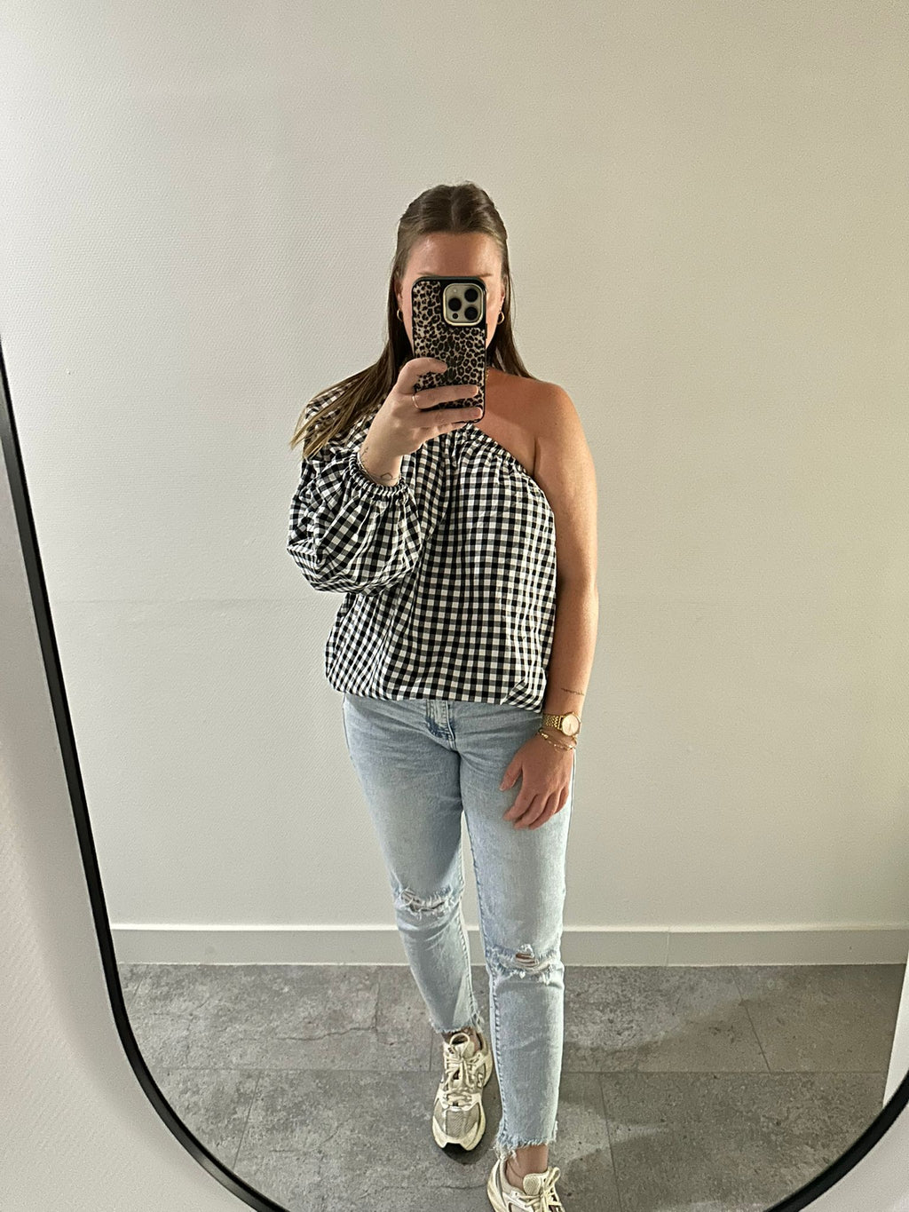 Geruite blouse - half shoulder