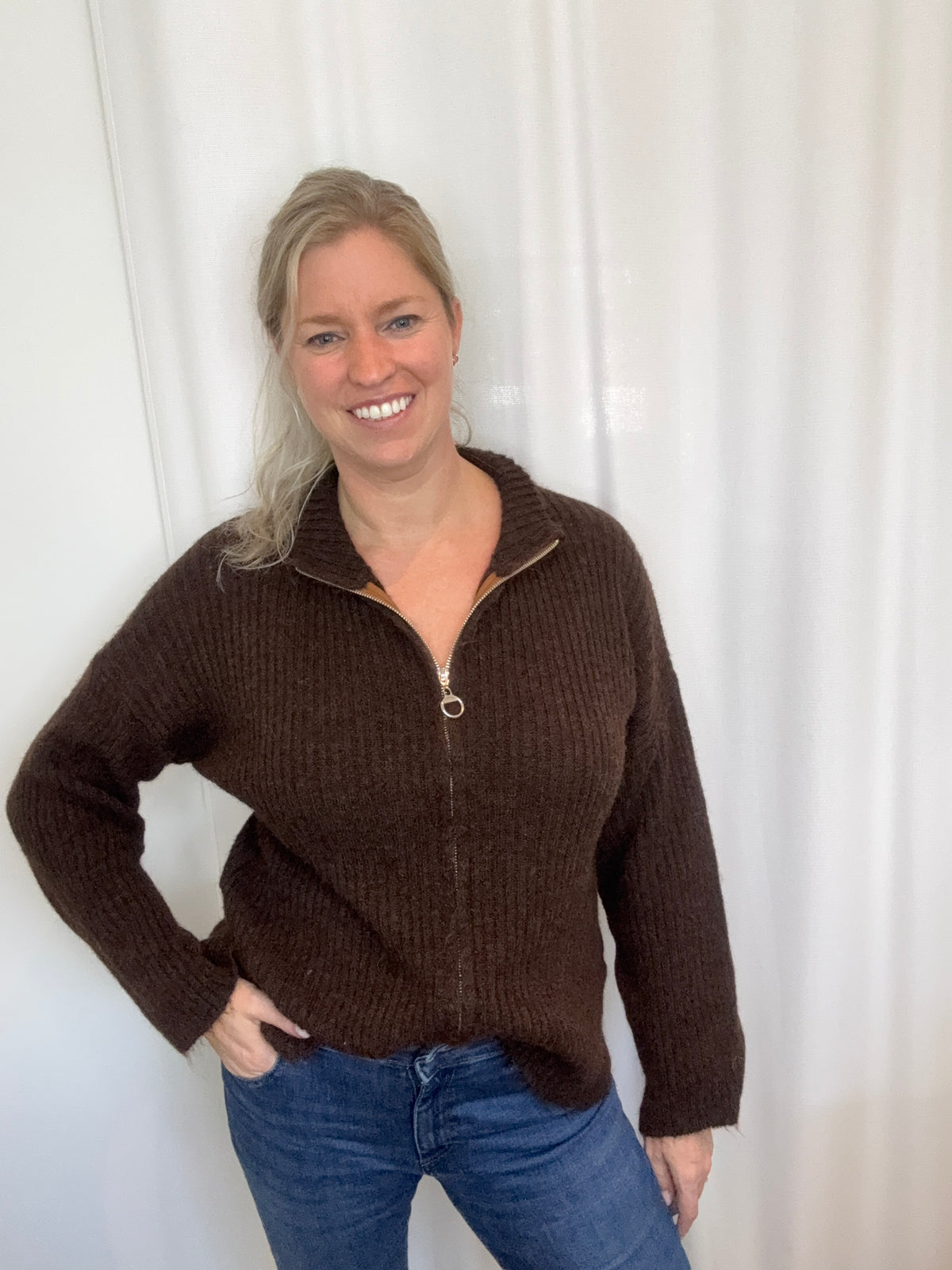 Zip - up cardigan bruin of aubergine