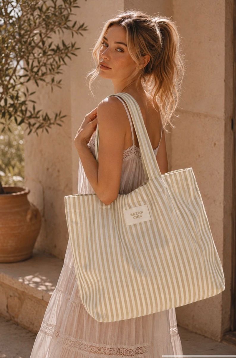 Gestreepte tas beige 33x43cm